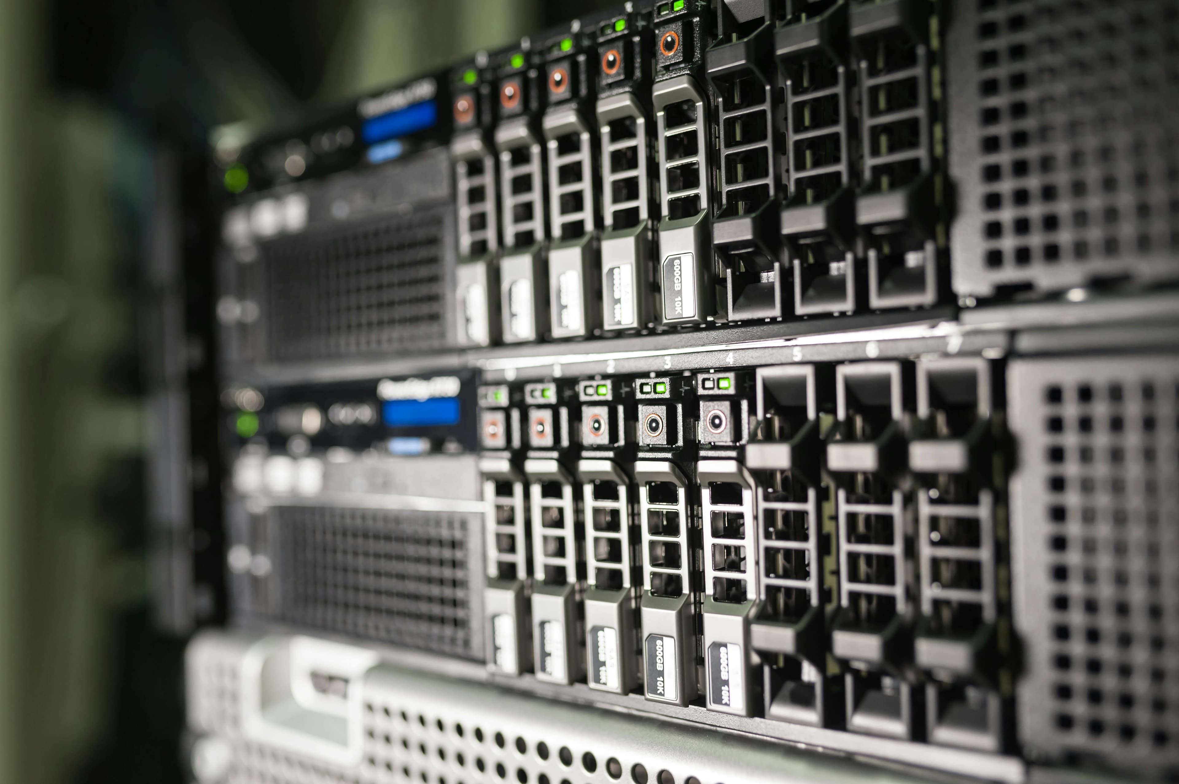 Close-up of dense server hardware in a datacenter rack