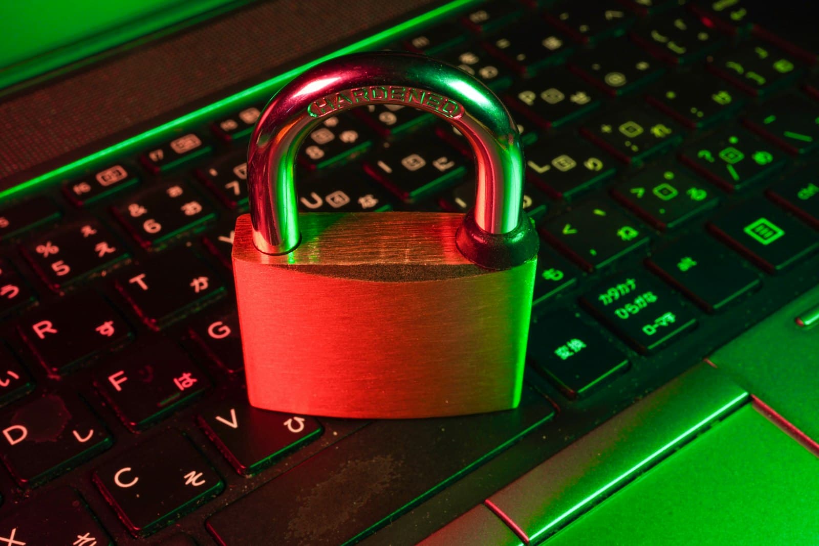 Padlock placed on a laptop keyboard during a security operations check