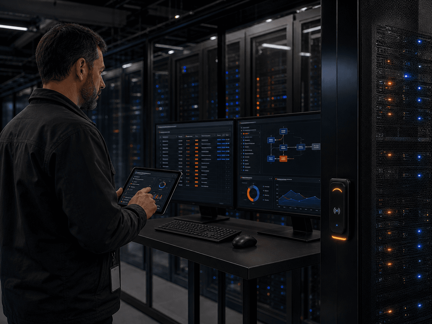 Technician reviewing datacenter control and workload placement at a secure console