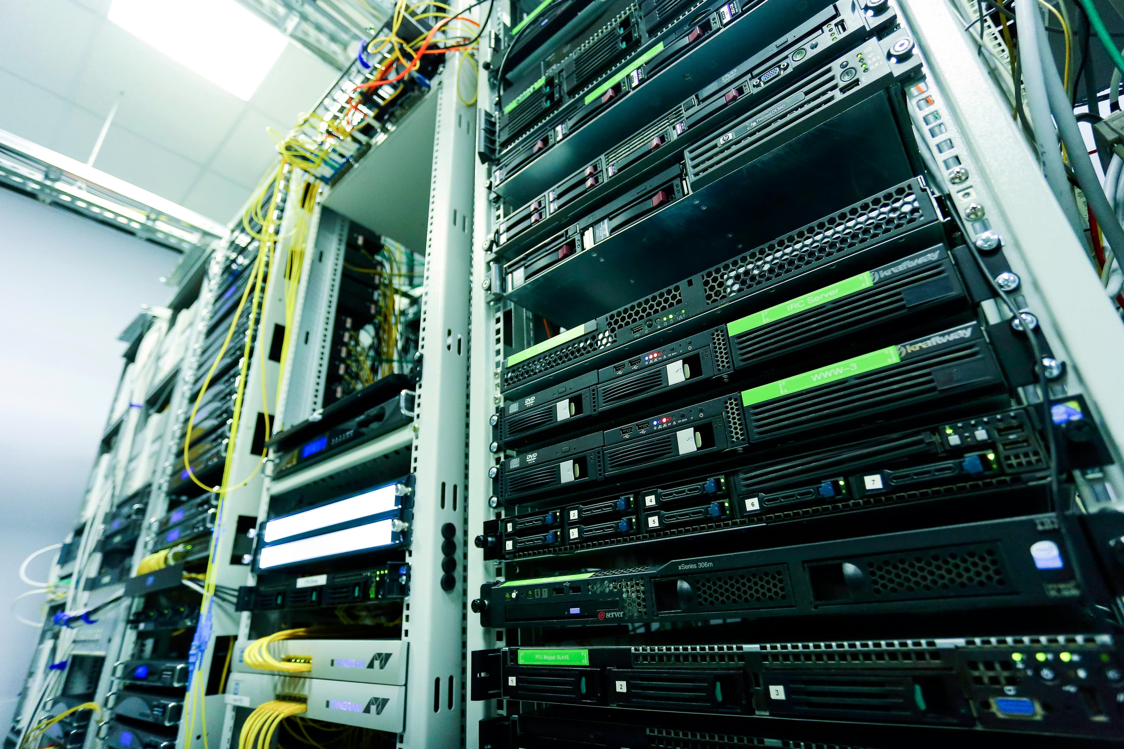 Server rack with dense compute hardware and network cabling