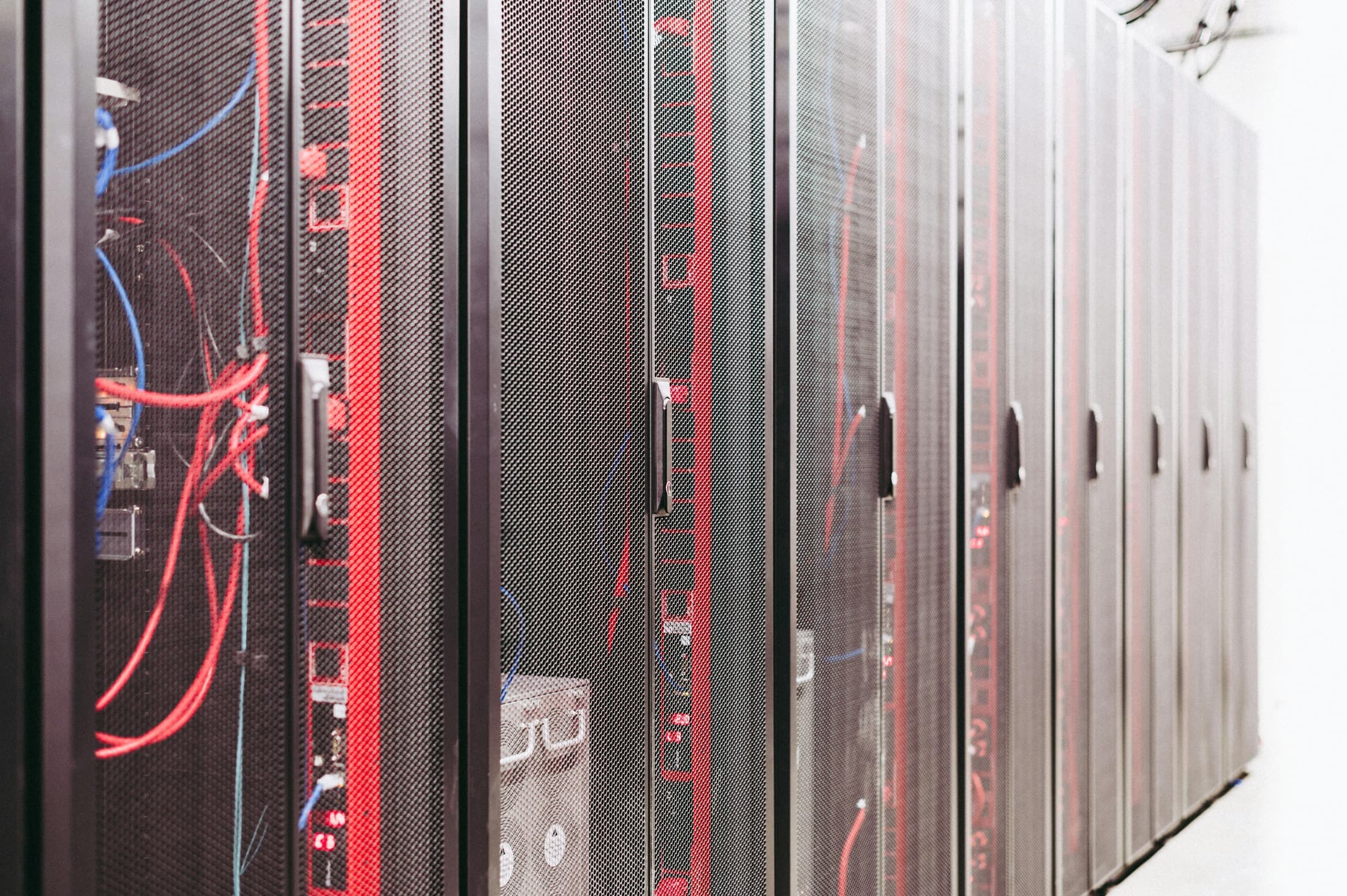 Photorealistic enterprise data center with server racks and cabling